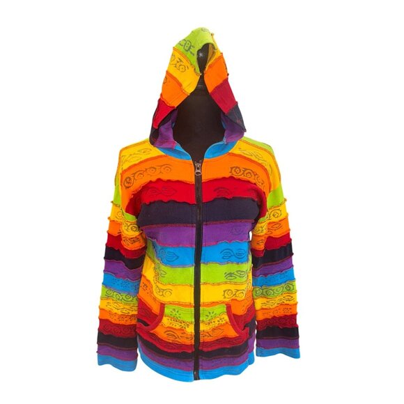 Rising International Boho Over Dyed Rainbow Patchwork Cotton Hoodie Sustainable - Picture 1 of 9